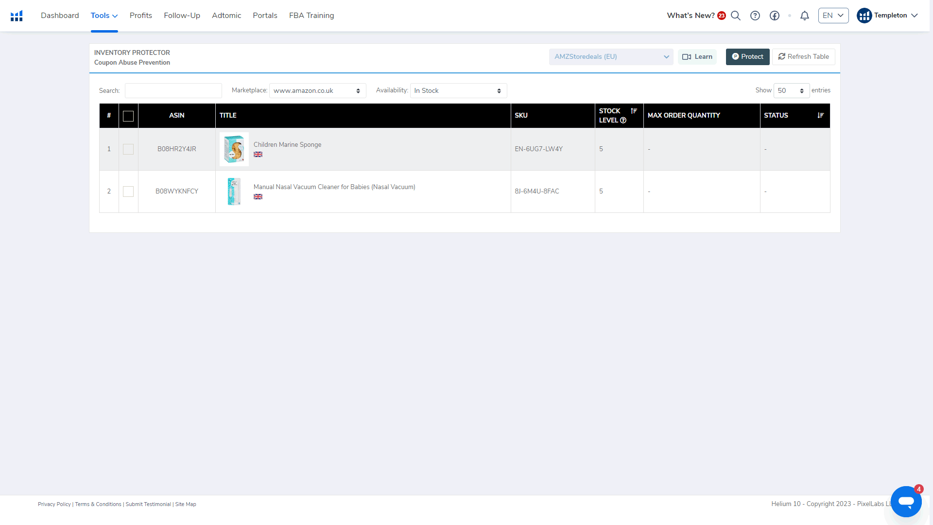 protezione dell'inventario di Helium 10